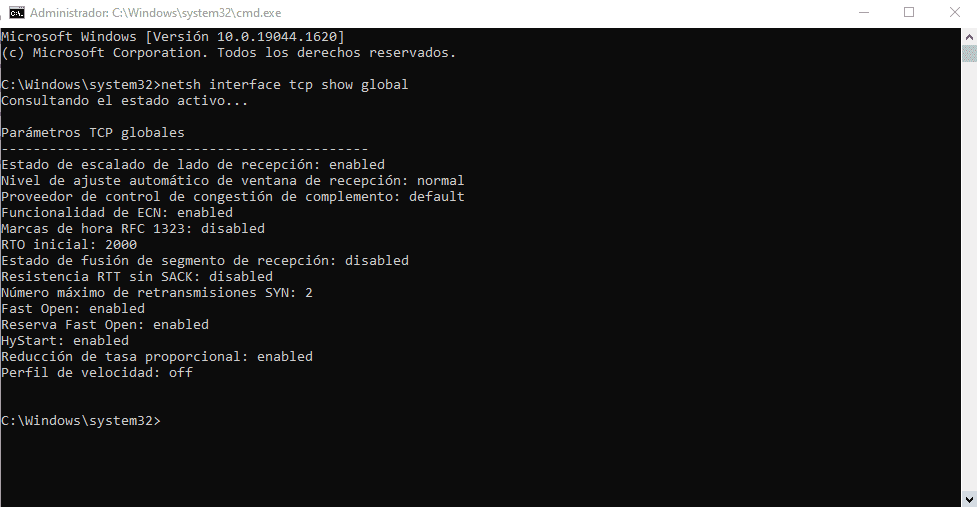Windows podría estar limitando la velocidad de tu Internet 2 netsh interface tcp show global