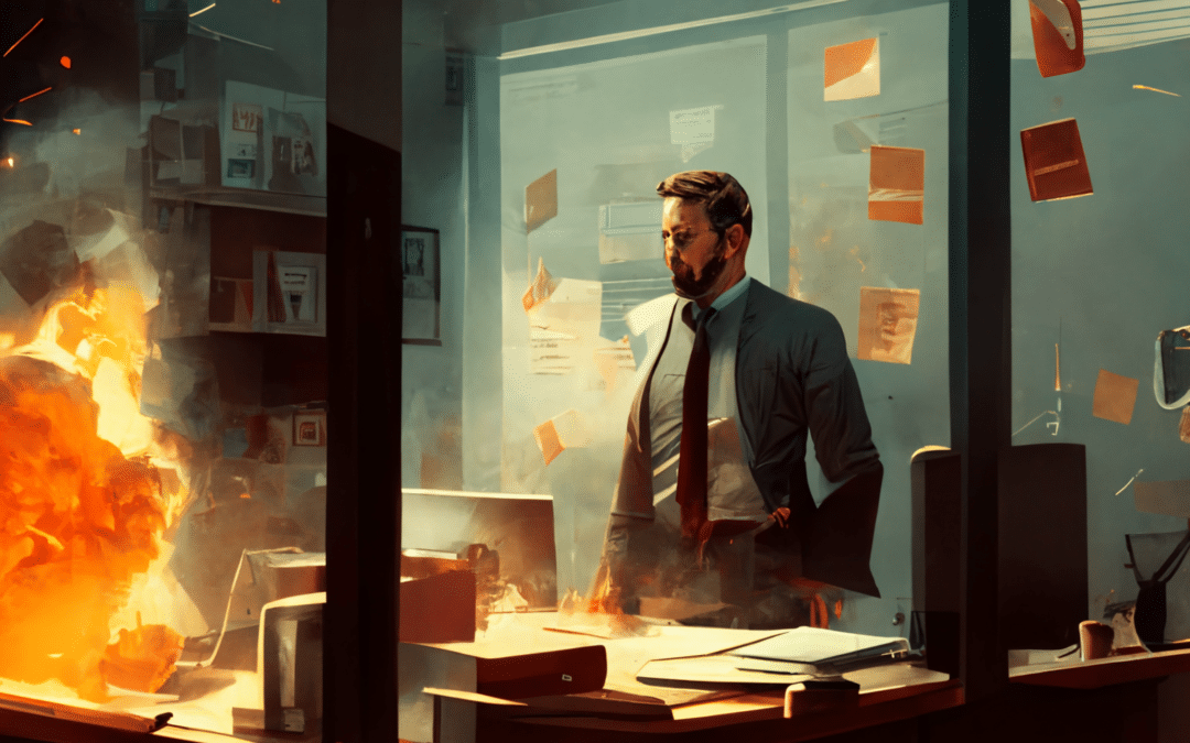 Hombre sorprendido en oficina incendiándose.