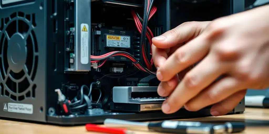 Técnico informático sonriendo mientras repara un ordenador de sobremesa.
