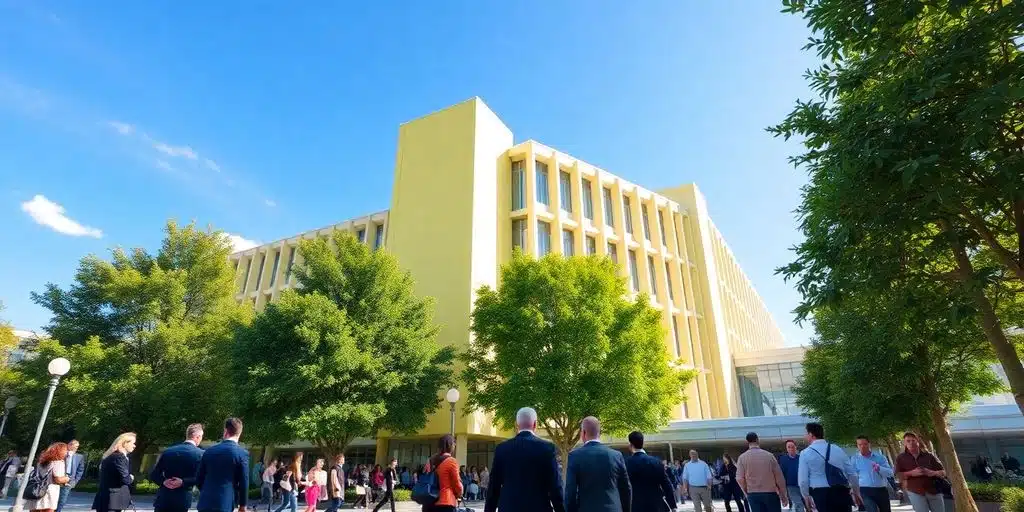 Modern building with people walking around.