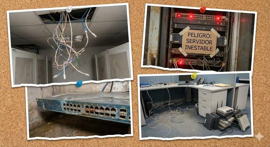 Cableado dañado y mala infraestructura de red como señales de riesgo en una empresa