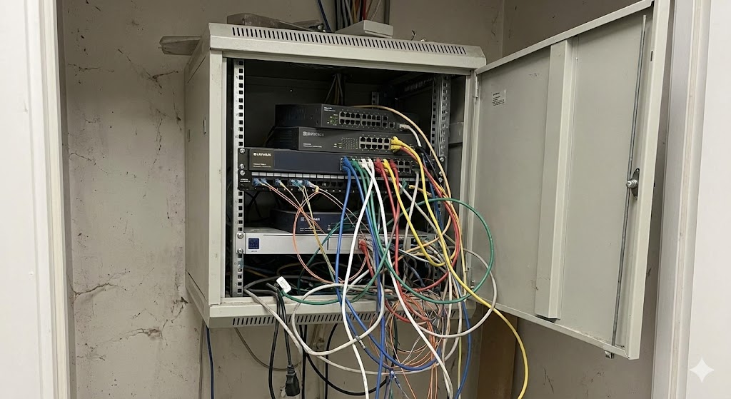 Cableado desordenado típico en PYMES con mala infraestructura de red