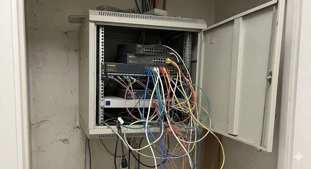 Cableado desordenado típico en PYMES con mala infraestructura de red