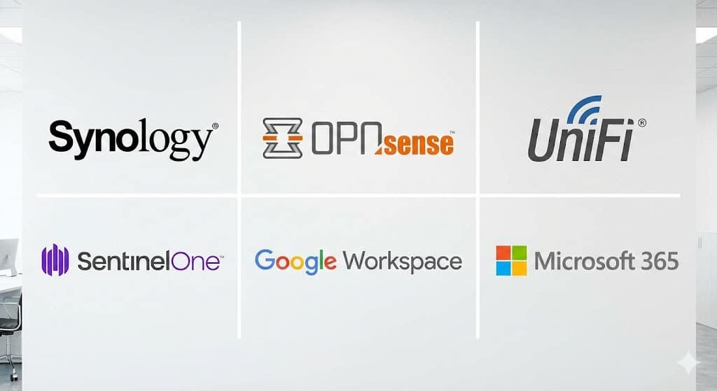 Collage de logos de Synology, OPNsense, UniFi, SentinelOne, Google Workspace y Microsoft 365.