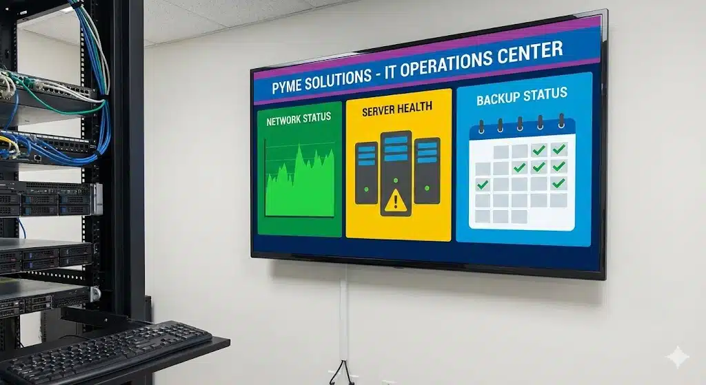 Dashboard de monitoreo continuo de red, respaldos y servidores en una PYME