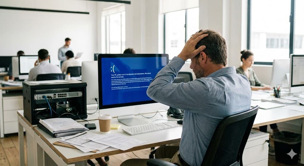 Dueño de PYME preocupado frente a la computadora por problemas de TI.
