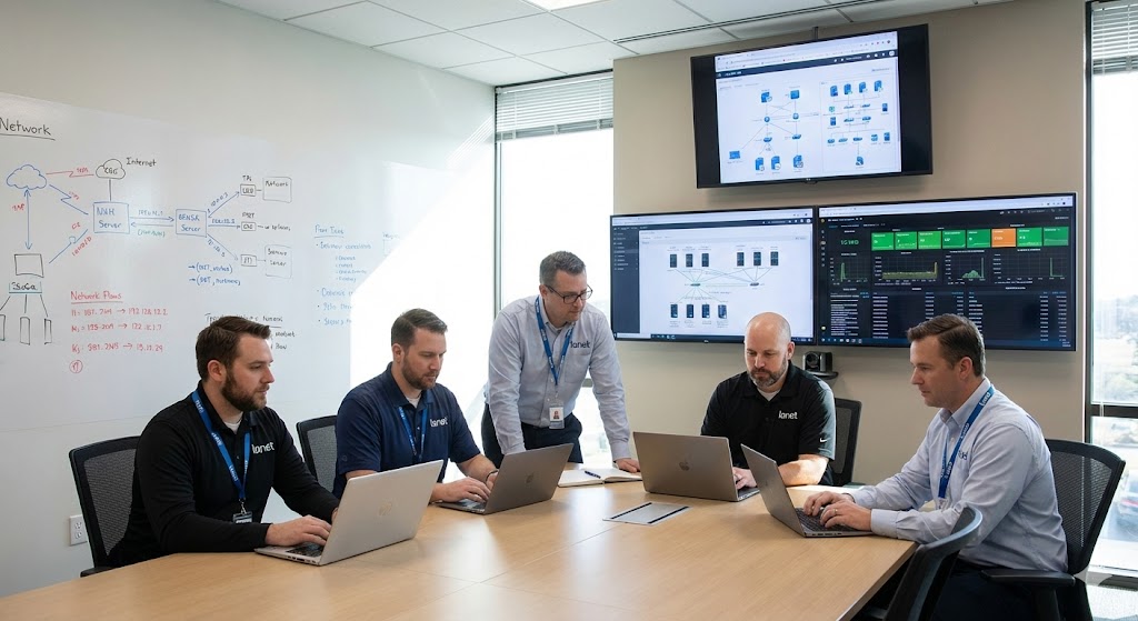 Equipo profesional de soporte IT trabajando coordinadamente.