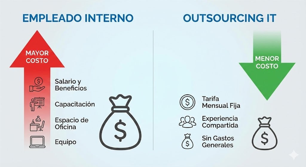 Gráfica de ahorro de costos al usar outsourcing de soporte técnico IT.