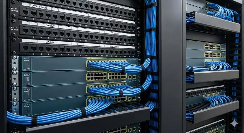 Rack de red organizado con cableado CAT6 y switches administrables en una PYME