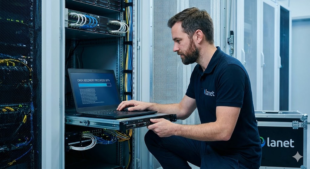 Técnico de TI restaurando un servidor en un rack, con una pantalla mostrando una barra de progreso de recuperación de datos, estilo realista.