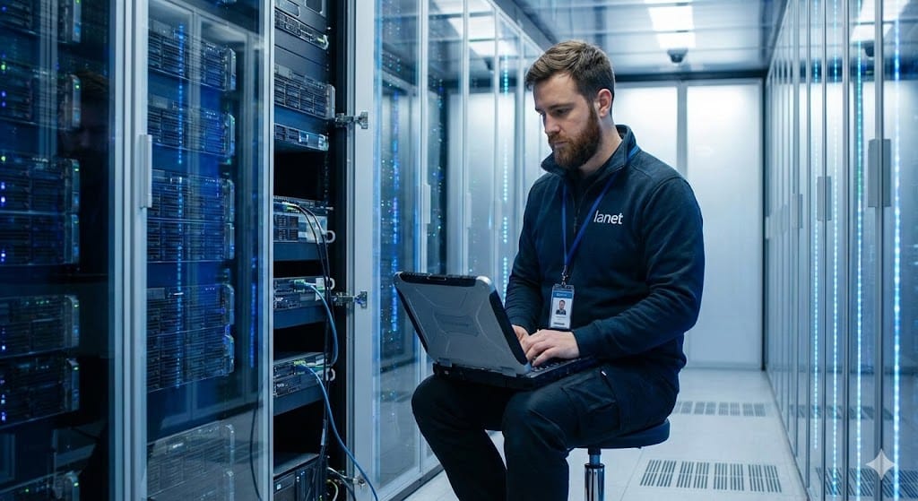 Técnico de TI trabajando frente a un rack de servidores, representando outsourcing IT profesional.