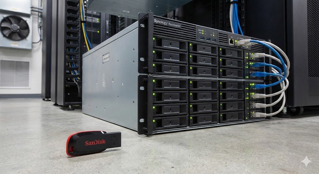 USB y NAS representando malas y buenas prácticas de respaldo de información.