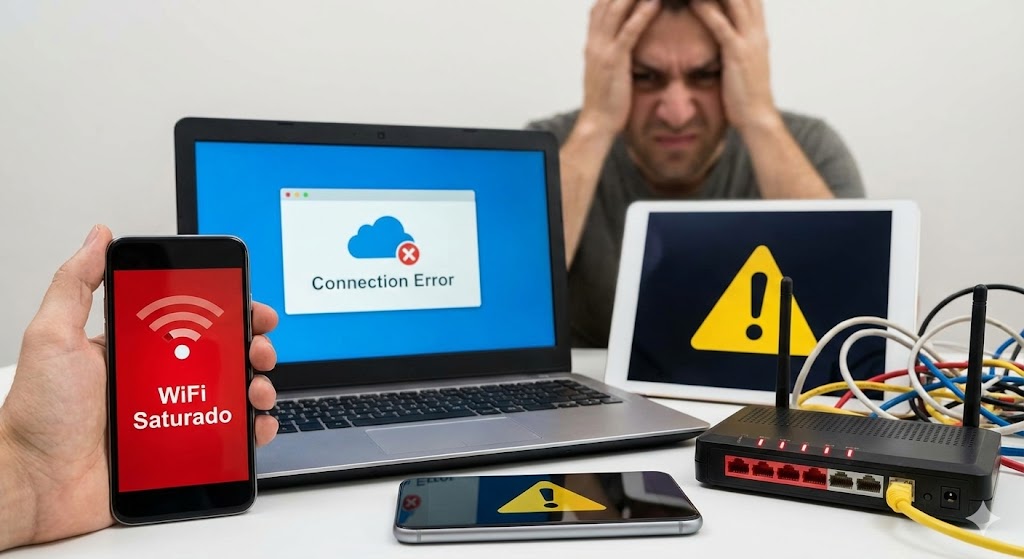 WiFi saturado, señal débil, ícono de alerta, nube con error, etc.